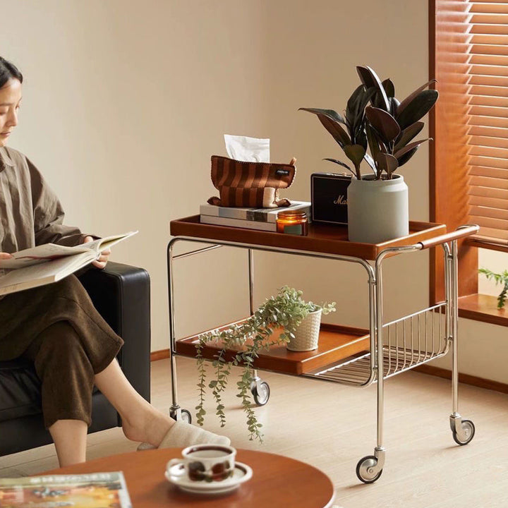 Modern Mid-Century Rectangular Trolley Pine Plywood Iron Side Table 2-Tier Movable For Living Room