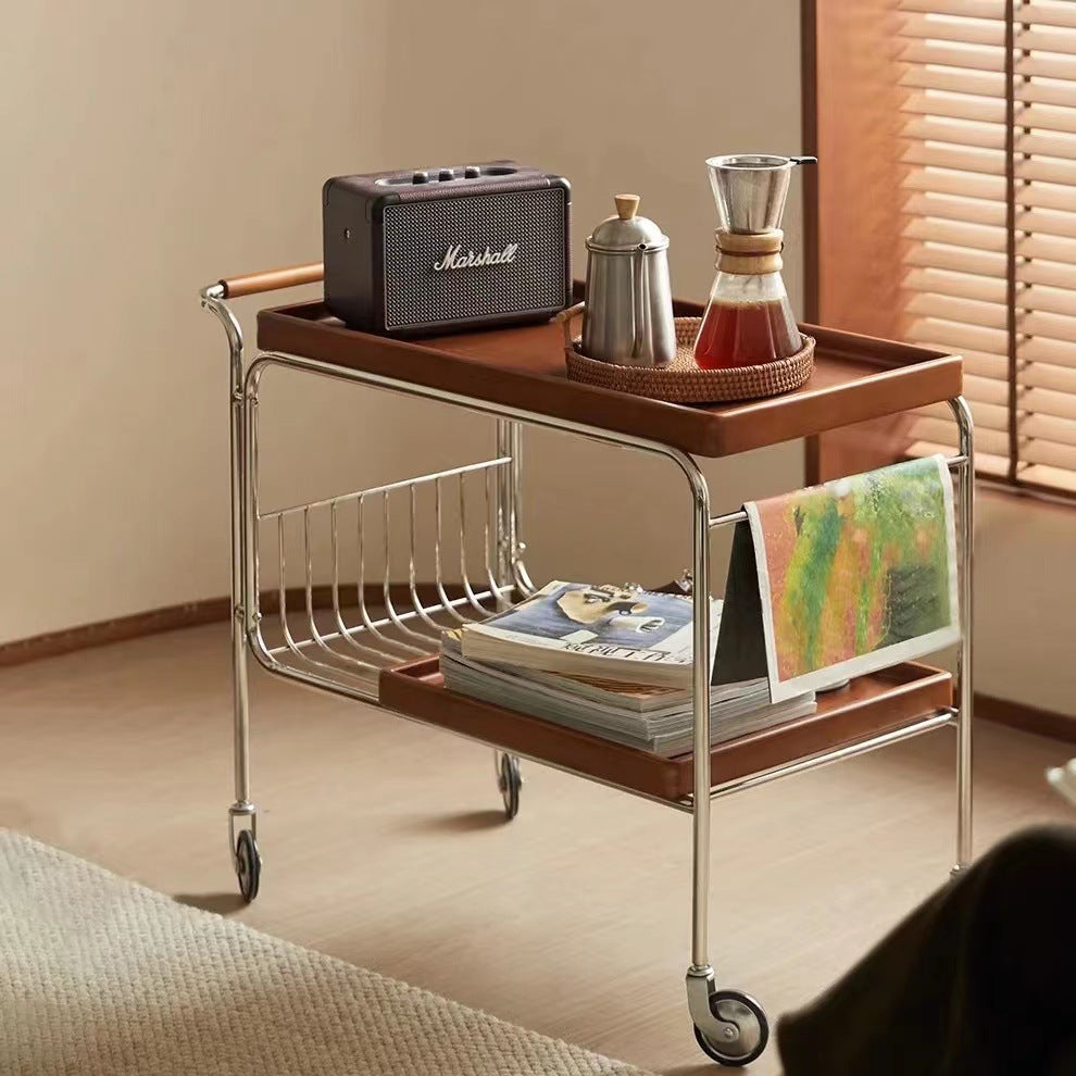 Modern Mid-Century Rectangular Trolley Pine Plywood Iron Side Table 2-Tier Movable For Living Room