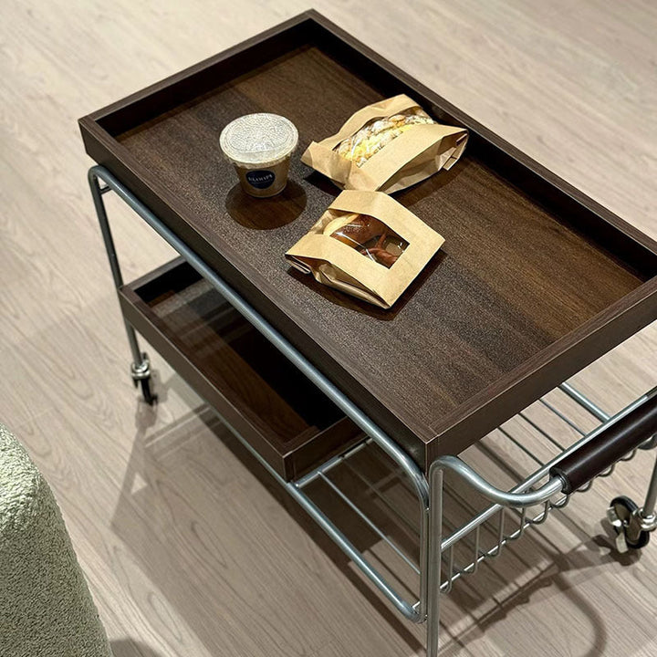 Modern Mid-Century Rectangular Trolley Pine Plywood Iron Side Table 2-Tier Movable For Living Room