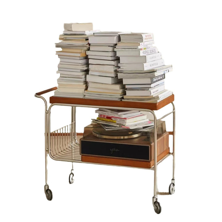 Modern Mid-Century Rectangular Trolley Pine Plywood Iron Side Table 2-Tier Movable For Living Room