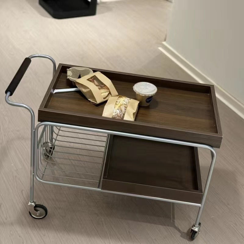 Modern Mid-Century Rectangular Trolley Pine Plywood Iron Side Table 2-Tier Movable For Living Room