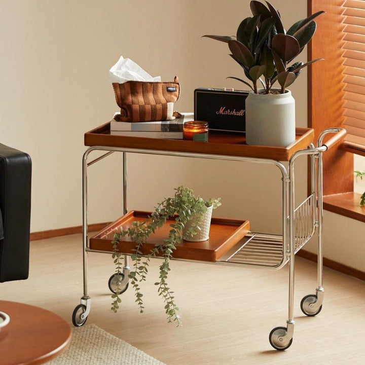 Modern Mid-Century Rectangular Trolley Pine Plywood Iron Side Table 2-Tier Movable For Living Room