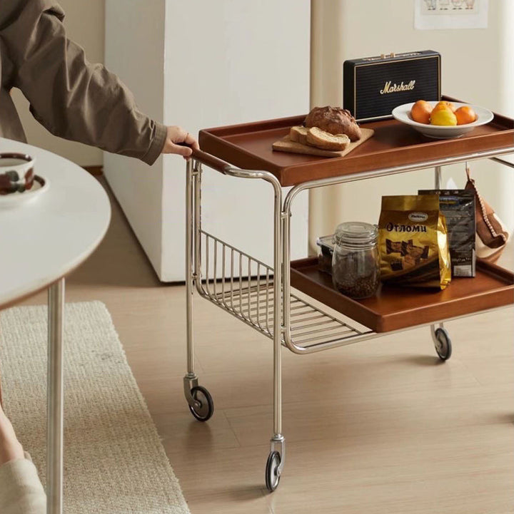 Modern Mid-Century Rectangular Trolley Pine Plywood Iron Side Table 2-Tier Movable For Living Room