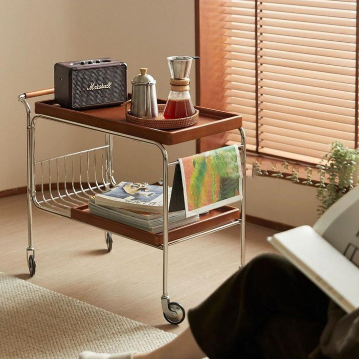Modern Mid-Century Rectangular Trolley Pine Plywood Iron Side Table 2-Tier Movable For Living Room