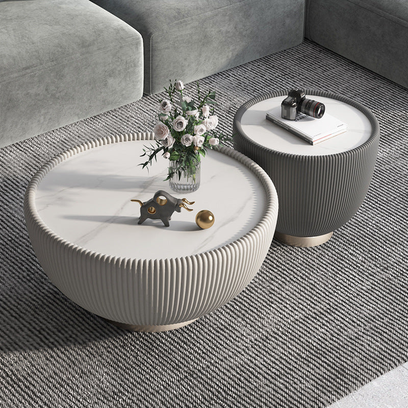 Table basse en cuir microfibre métal avec plateau rond nordique contemporain pour salon 