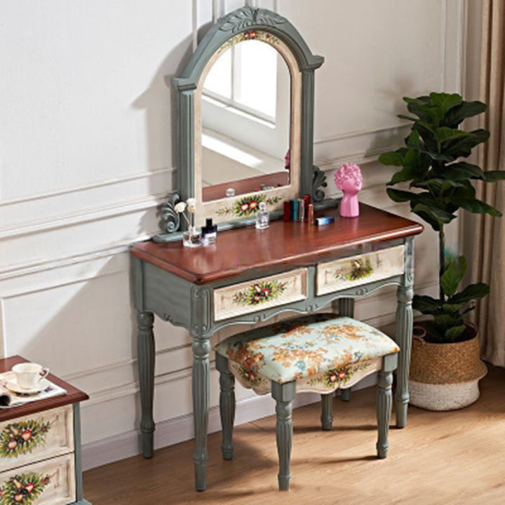 Traditional European Elliptical Mirror Rectangular Painting Wood Plate Makeup Vanity &amp; Stool Set For Bedroom