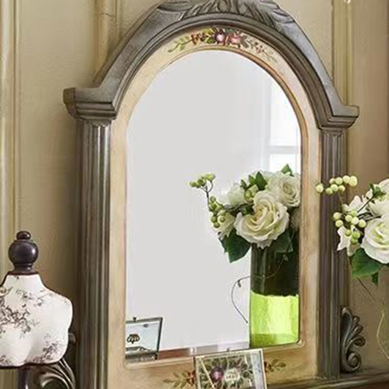 Traditional European Elliptical Mirror Rectangular Painting Wood Plate Makeup Vanity &amp; Stool Set For Bedroom