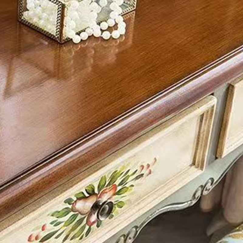 Traditional European Elliptical Mirror Rectangular Painting Wood Plate Makeup Vanity &amp; Stool Set For Bedroom