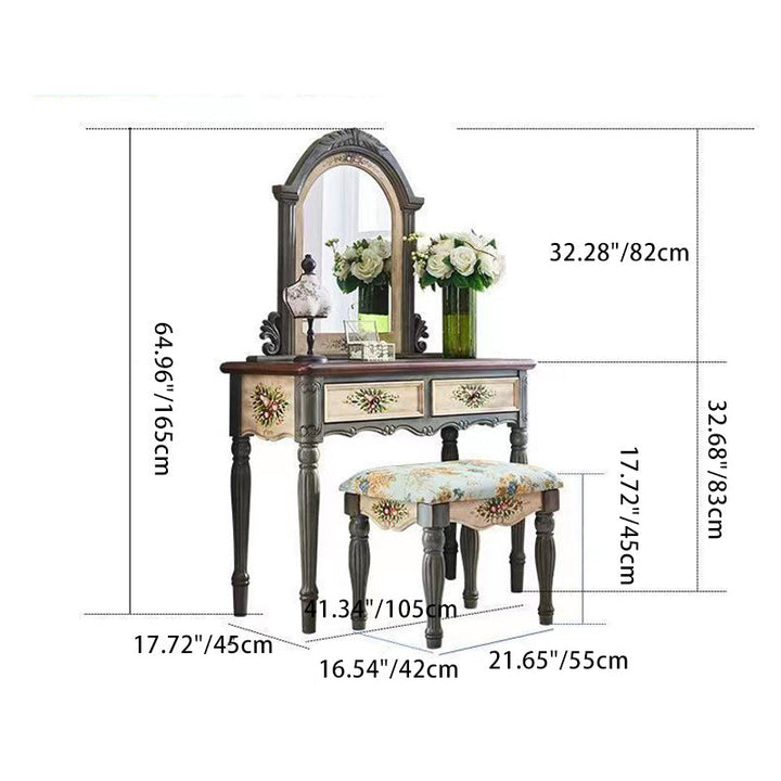 Traditional European Elliptical Mirror Rectangular Painting Wood Plate Makeup Vanity &amp; Stool Set For Bedroom