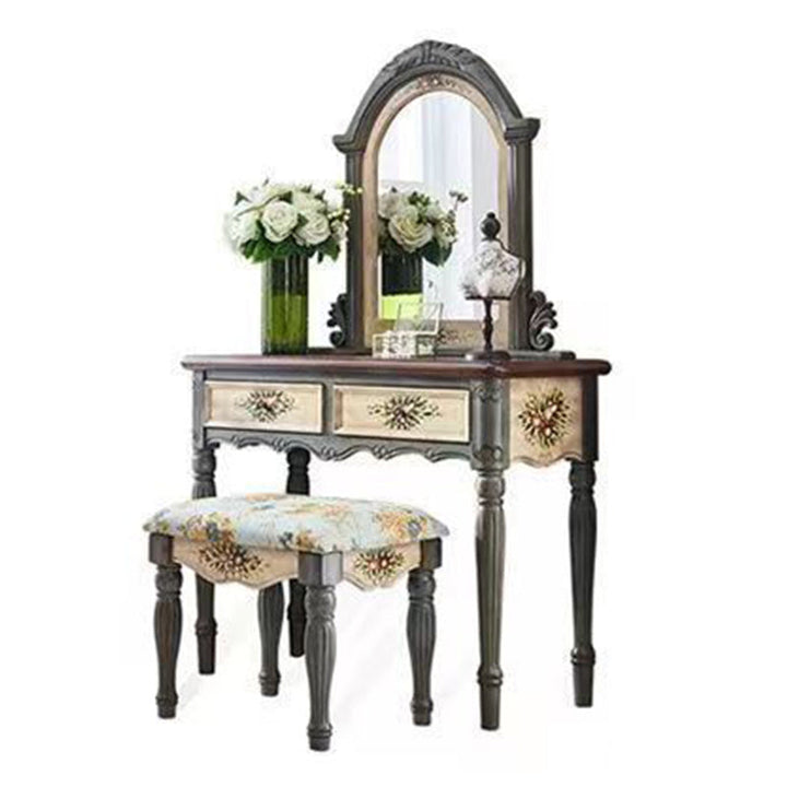 Traditional European Elliptical Mirror Rectangular Painting Wood Plate Makeup Vanity &amp; Stool Set For Bedroom