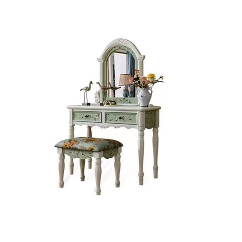 Traditional European Elliptical Mirror Rectangular Painting Wood Plate Makeup Vanity &amp; Stool Set For Bedroom