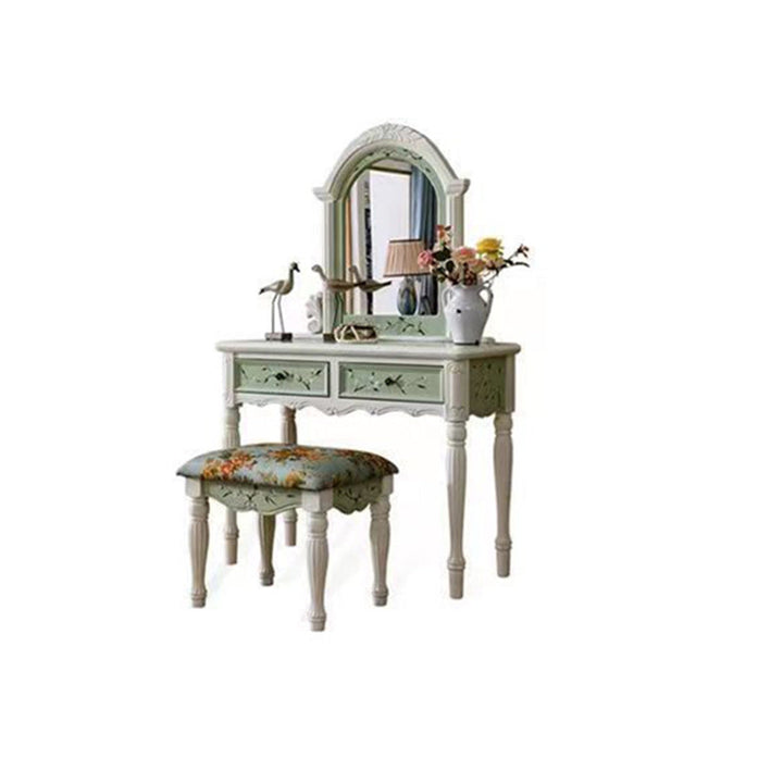 Traditional European Elliptical Mirror Rectangular Painting Wood Plate Makeup Vanity &amp; Stool Set For Bedroom