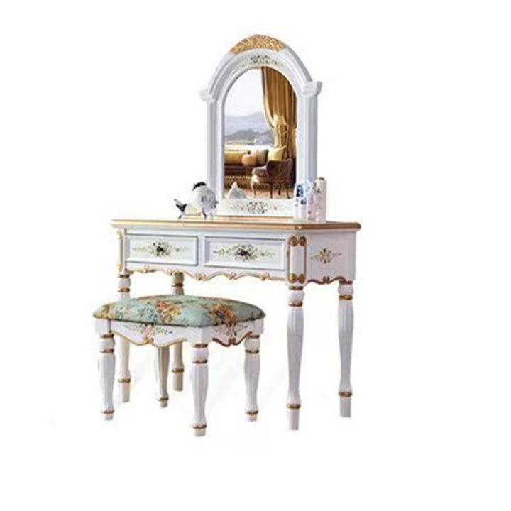 Traditional European Elliptical Mirror Rectangular Painting Wood Plate Makeup Vanity &amp; Stool Set For Bedroom