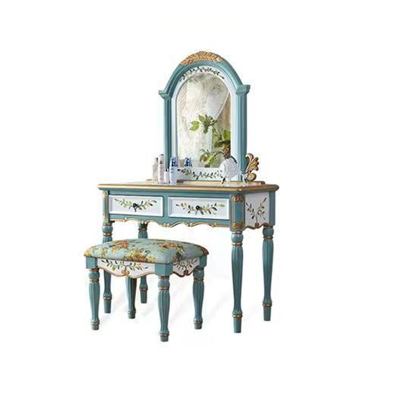 Traditional European Elliptical Mirror Rectangular Painting Wood Plate Makeup Vanity &amp; Stool Set For Bedroom
