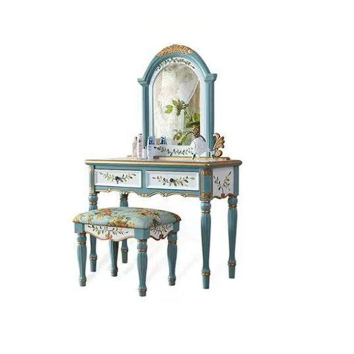Traditional European Elliptical Mirror Rectangular Painting Wood Plate Makeup Vanity &amp; Stool Set For Bedroom