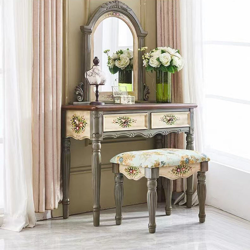Traditional European Elliptical Mirror Rectangular Painting Wood Plate Makeup Vanity &amp; Stool Set For Bedroom
