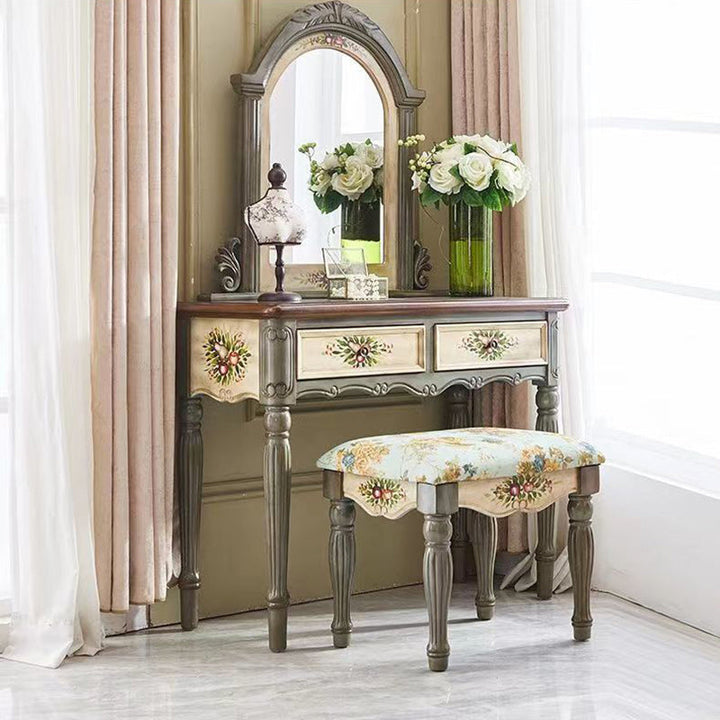 Traditional European Elliptical Mirror Rectangular Painting Wood Plate Makeup Vanity &amp; Stool Set For Bedroom