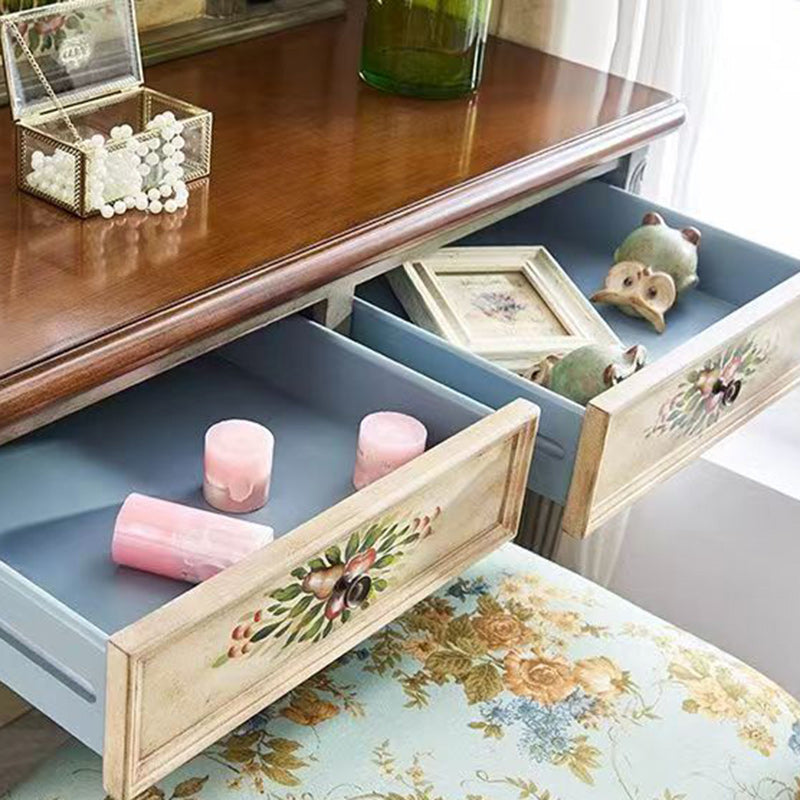 Traditional European Elliptical Mirror Rectangular Painting Wood Plate Makeup Vanity &amp; Stool Set For Bedroom