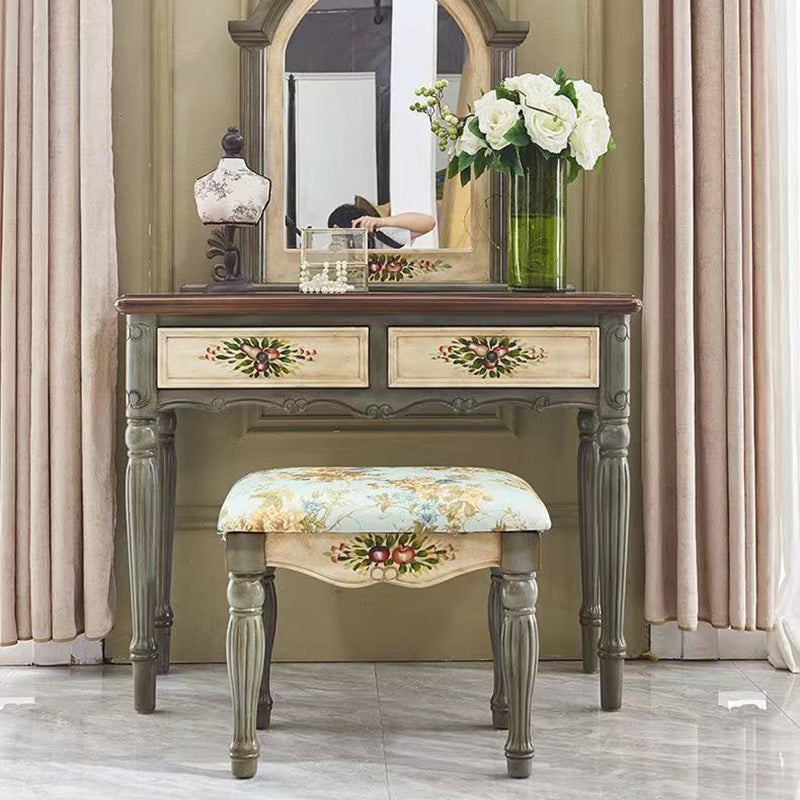 Traditional European Elliptical Mirror Rectangular Painting Wood Plate Makeup Vanity &amp; Stool Set For Bedroom