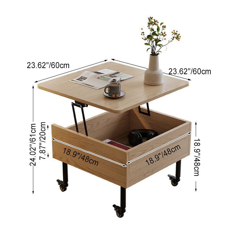 Zeitgenössischer nordischer quadratischer Holztisch aus Legierung mit anhebbarem Endtisch, 1 Ablage für das Wohnzimmer 
