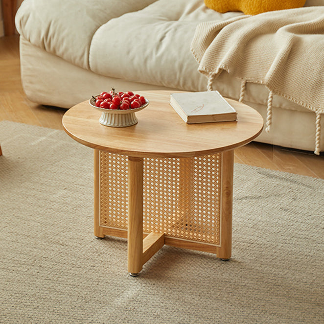 Traditional Japanese Weaving Round  Faux Rattan Rubberwood Coffee Table For Living Room