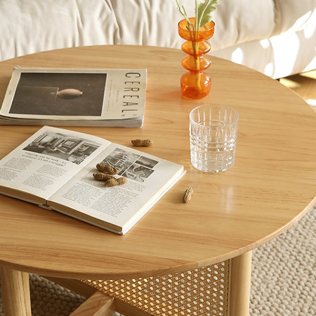 Traditional Japanese Weaving Round  Faux Rattan Rubberwood Coffee Table For Living Room