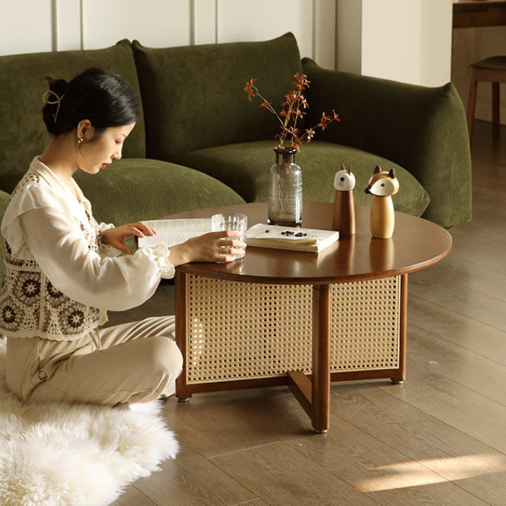 Traditional Japanese Weaving Round  Faux Rattan Rubberwood Coffee Table For Living Room