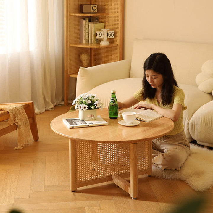 Traditional Japanese Weaving Round  Faux Rattan Rubberwood Coffee Table For Living Room