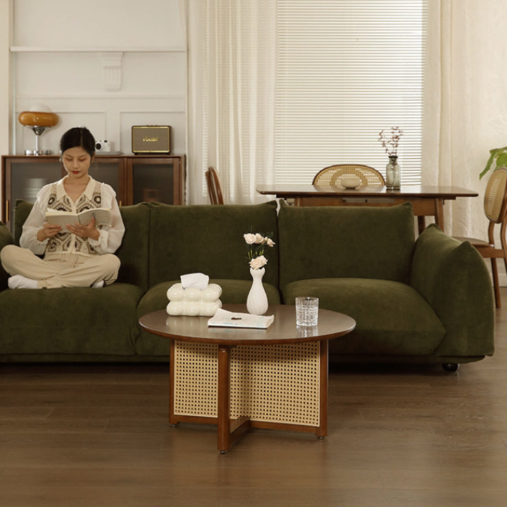 Traditional Japanese Weaving Round  Faux Rattan Rubberwood Coffee Table For Living Room