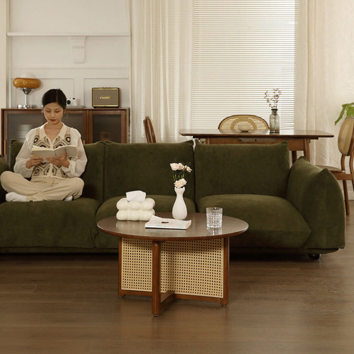 Traditional Japanese Weaving Round  Faux Rattan Rubberwood Coffee Table For Living Room