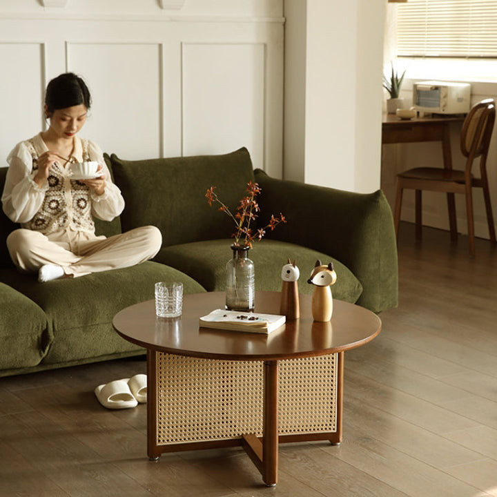 Traditional Japanese Weaving Round  Faux Rattan Rubberwood Coffee Table For Living Room