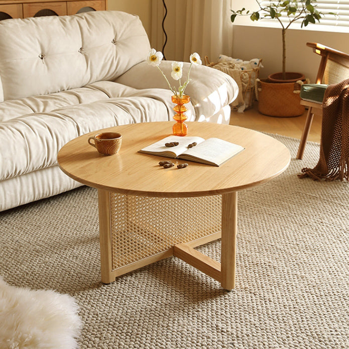 Traditional Japanese Weaving Round  Faux Rattan Rubberwood Coffee Table For Living Room
