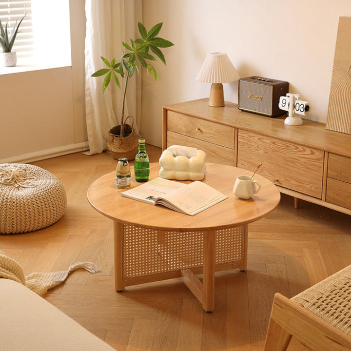 Traditional Japanese Weaving Round  Faux Rattan Rubberwood Coffee Table For Living Room