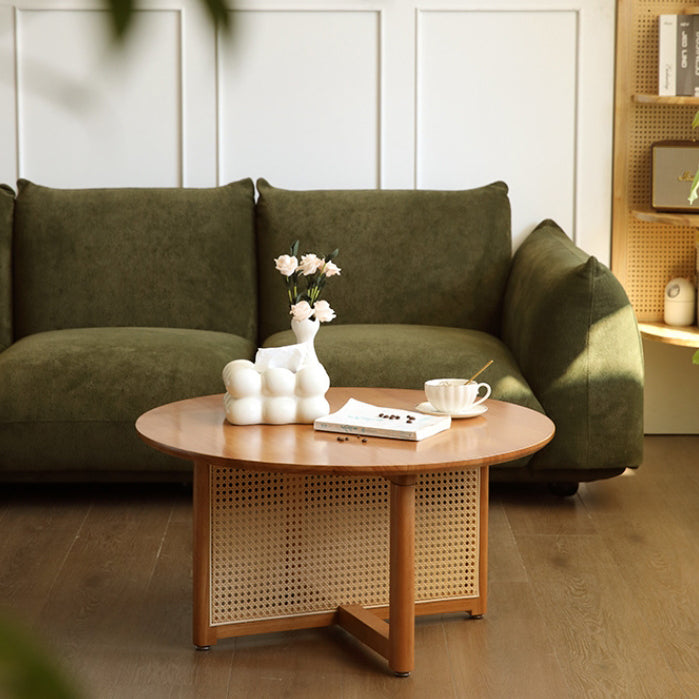Traditional Japanese Weaving Round  Faux Rattan Rubberwood Coffee Table For Living Room