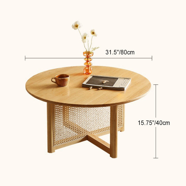 Traditional Japanese Weaving Round  Faux Rattan Rubberwood Coffee Table For Living Room
