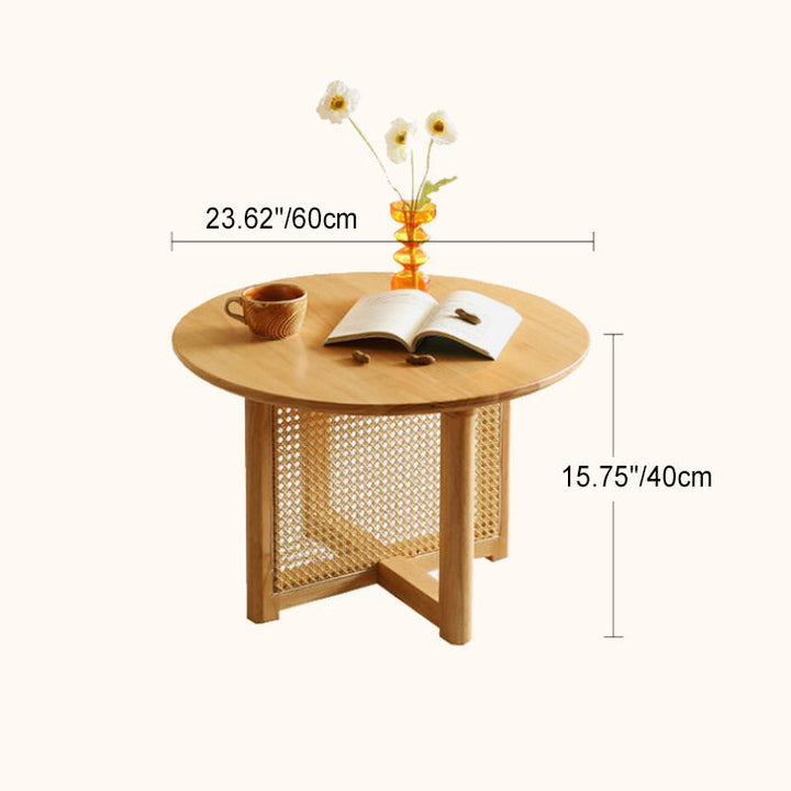 Traditional Japanese Weaving Round  Faux Rattan Rubberwood Coffee Table For Living Room