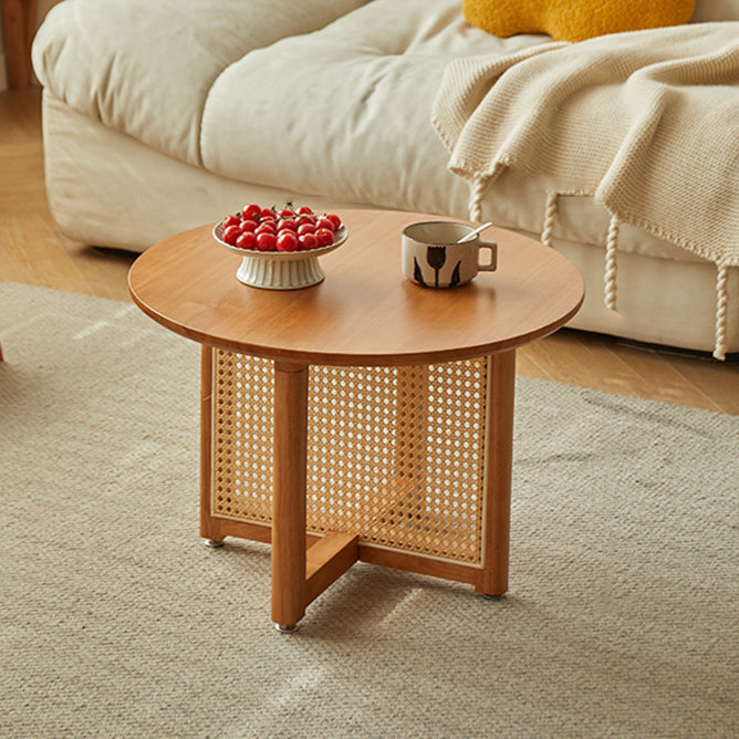 Traditional Japanese Weaving Round  Faux Rattan Rubberwood Coffee Table For Living Room