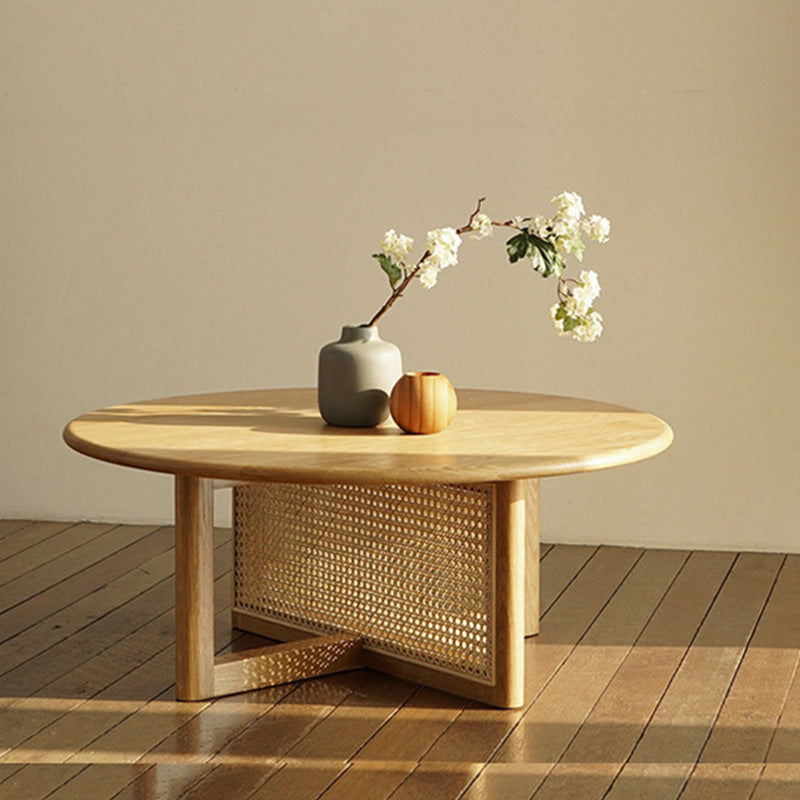 Traditional Japanese Weaving Round  Faux Rattan Rubberwood Coffee Table For Living Room