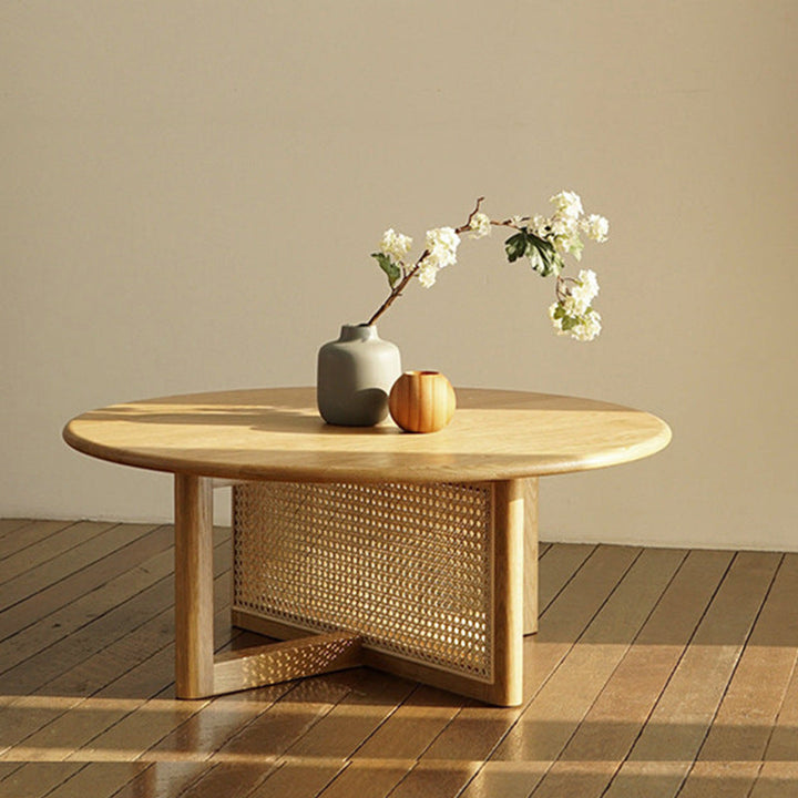 Traditional Japanese Weaving Round  Faux Rattan Rubberwood Coffee Table For Living Room
