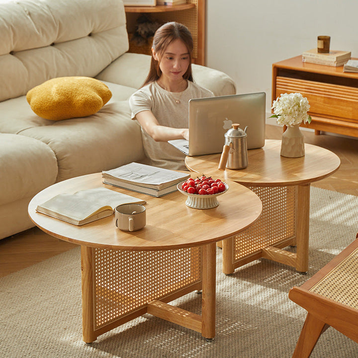 Traditional Japanese Weaving Round  Faux Rattan Rubberwood Coffee Table For Living Room