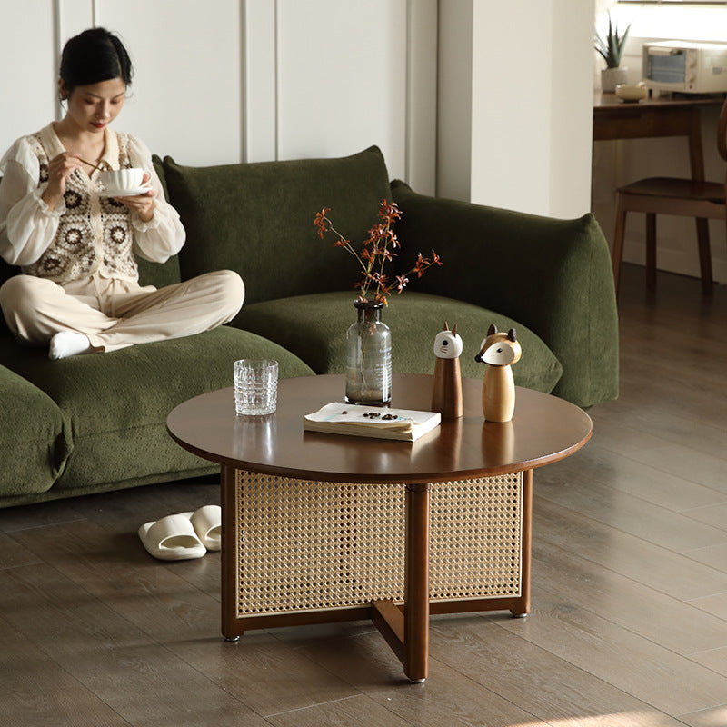 Traditional Japanese Weaving Round  Faux Rattan Rubberwood Coffee Table For Living Room