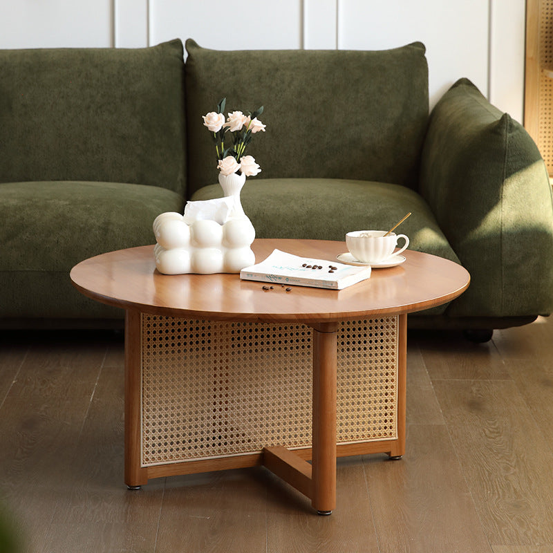 Traditional Japanese Weaving Round  Faux Rattan Rubberwood Coffee Table For Living Room