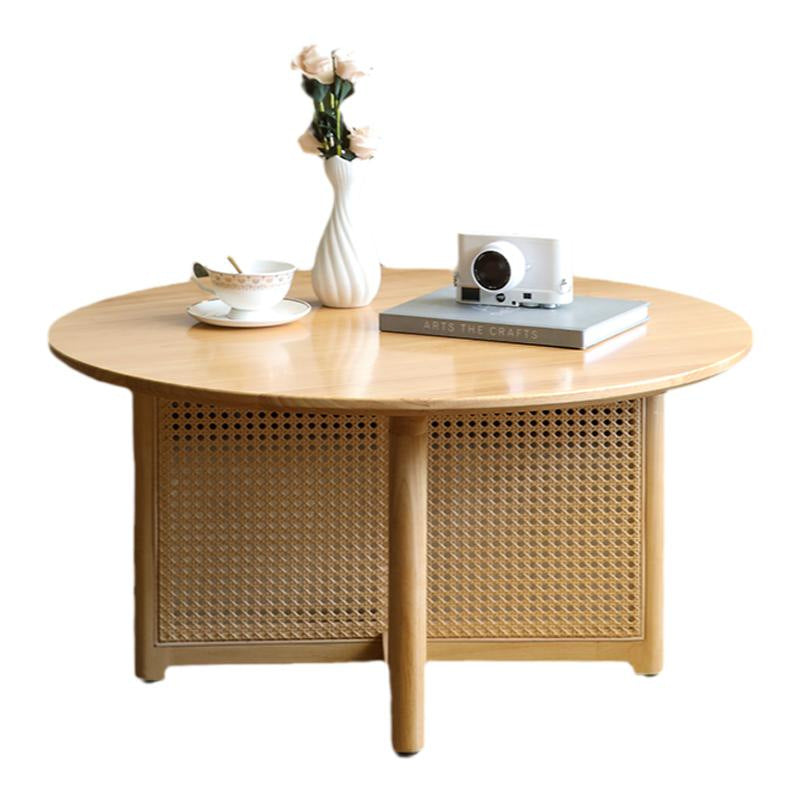 Traditional Japanese Weaving Round  Faux Rattan Rubberwood Coffee Table For Living Room