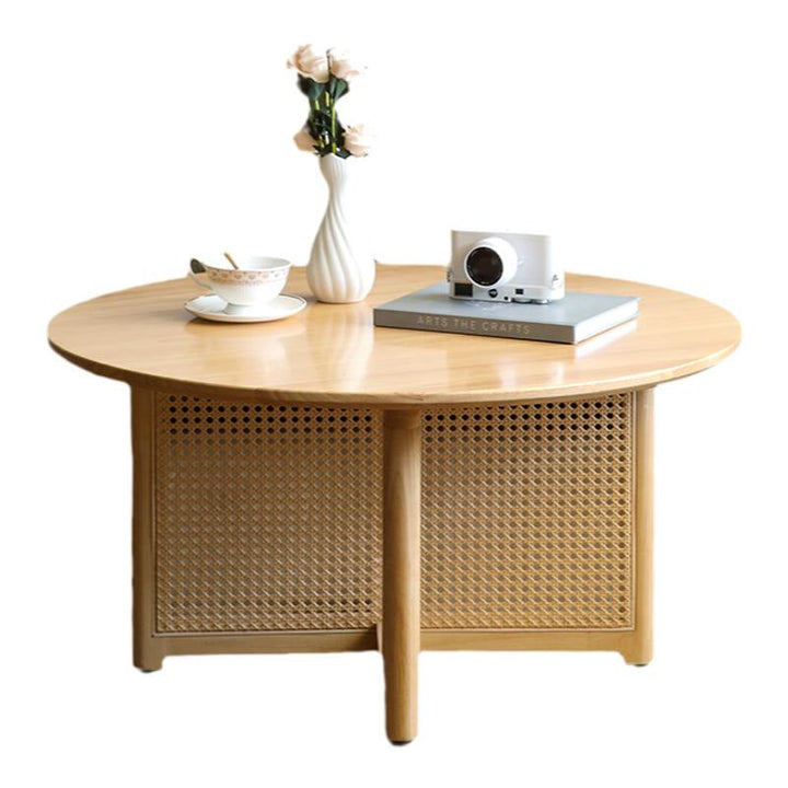 Traditional Japanese Weaving Round  Faux Rattan Rubberwood Coffee Table For Living Room