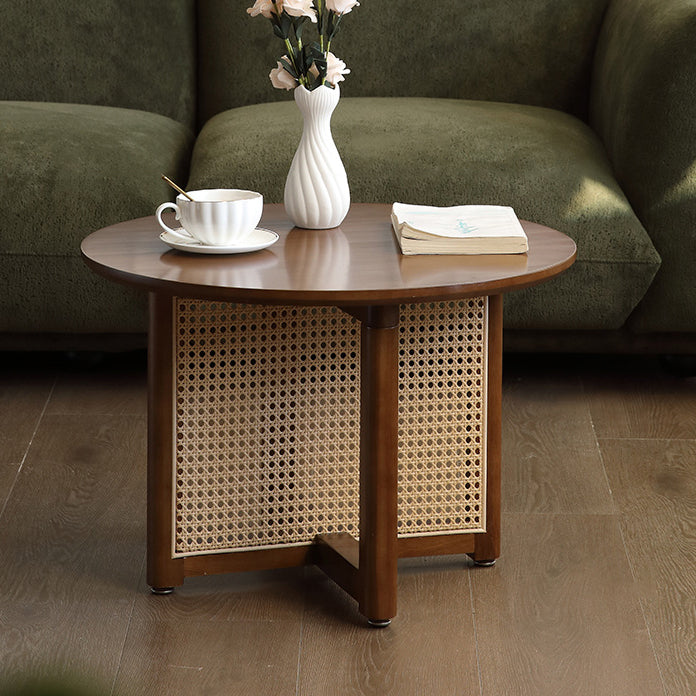 Traditional Japanese Weaving Round  Faux Rattan Rubberwood Coffee Table For Living Room
