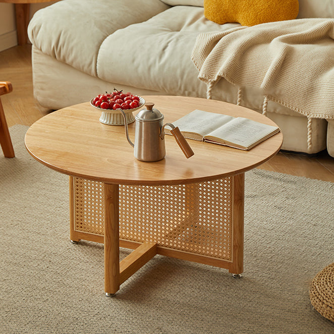 Traditional Japanese Weaving Round  Faux Rattan Rubberwood Coffee Table For Living Room