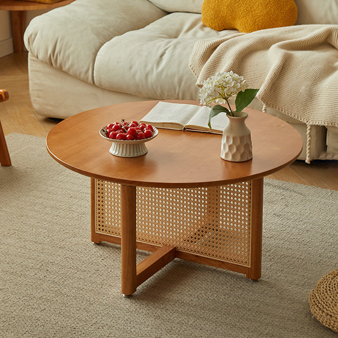 Traditional Japanese Weaving Round  Faux Rattan Rubberwood Coffee Table For Living Room