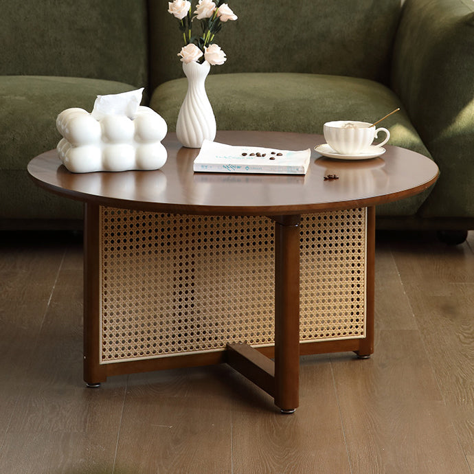 Traditional Japanese Weaving Round  Faux Rattan Rubberwood Coffee Table For Living Room