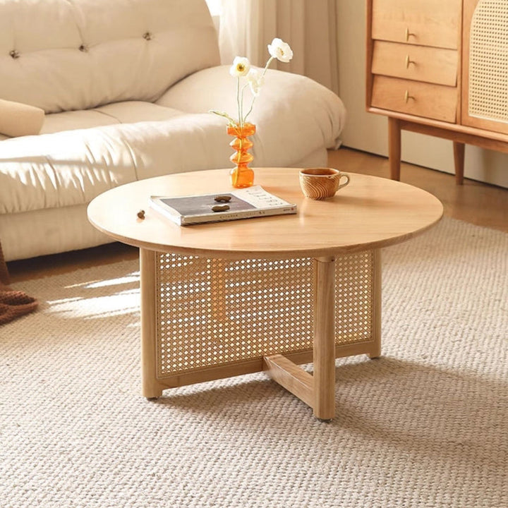 Traditional Japanese Weaving Round  Faux Rattan Rubberwood Coffee Table For Living Room