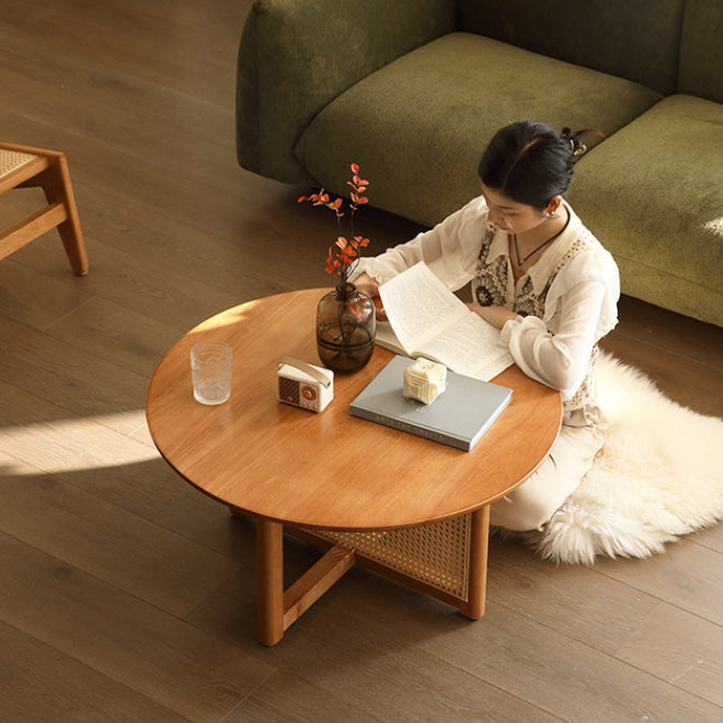 Traditional Japanese Weaving Round  Faux Rattan Rubberwood Coffee Table For Living Room